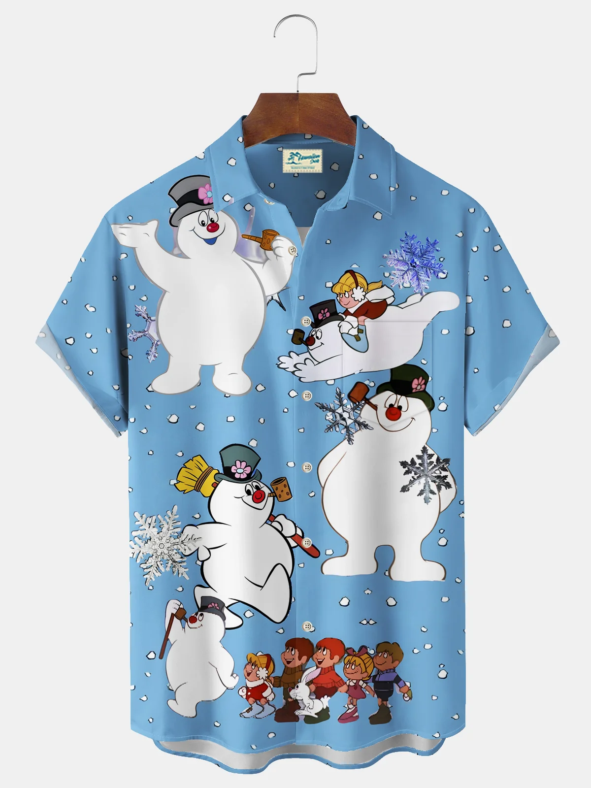 Royaura® Christmas Snowman Cartoon Print Men's Chest Pocket Stretch Hawaiian Shirt Big Tall