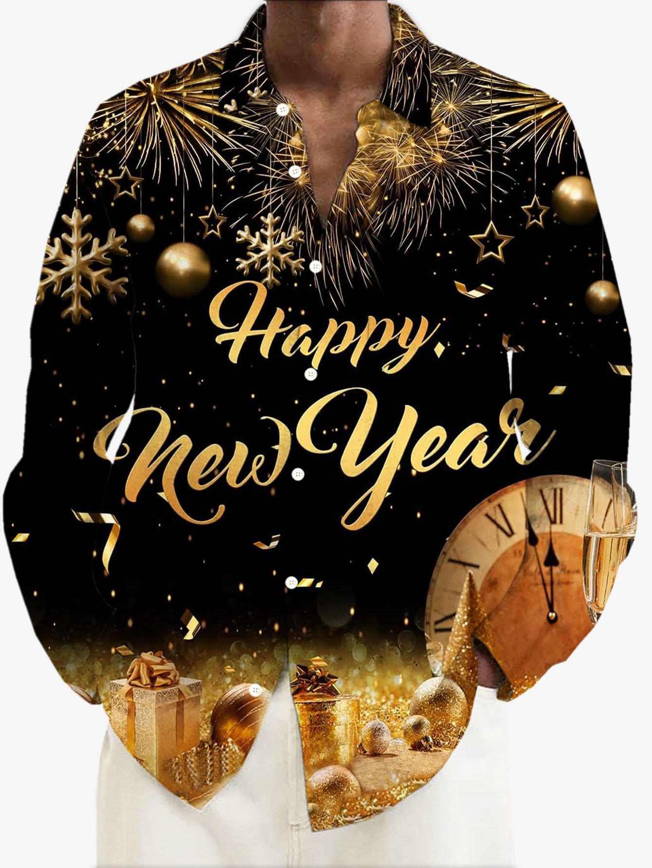 Royaura® Happy New Year Print Men's Button Pocket Long Sleeve Shirt Big & Tall