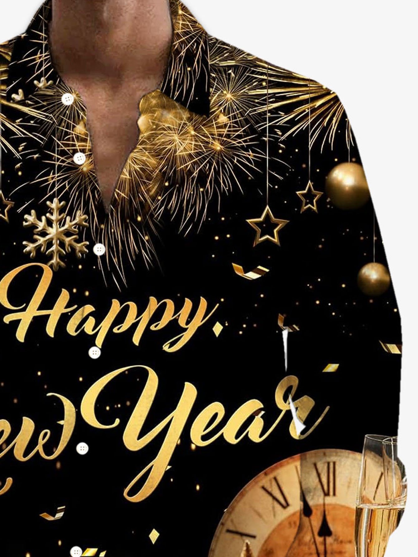 Royaura® Happy New Year Print Men's Button Pocket Long Sleeve Shirt Big & Tall