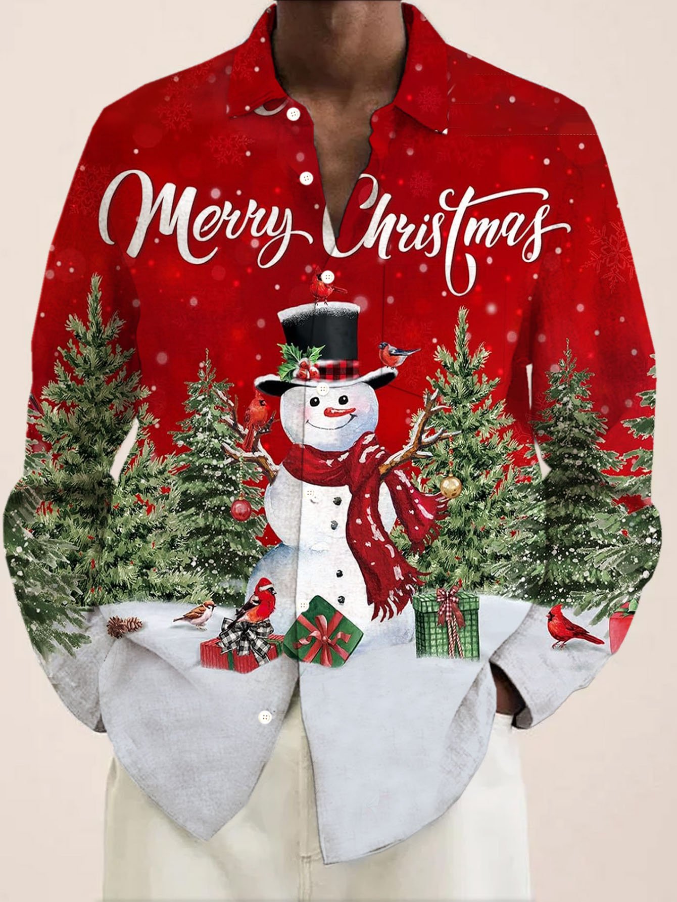 Royaura® Christmas Snowman Print Men's Button Pocket Long Sleeve Shirt Big & Tall