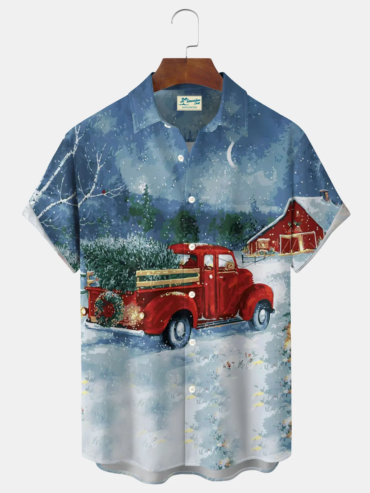 Royaura® Christmas Art Oil Painting Christmas Tree Print Men's Button Pocket Short Sleeve Shirt Big & Tall