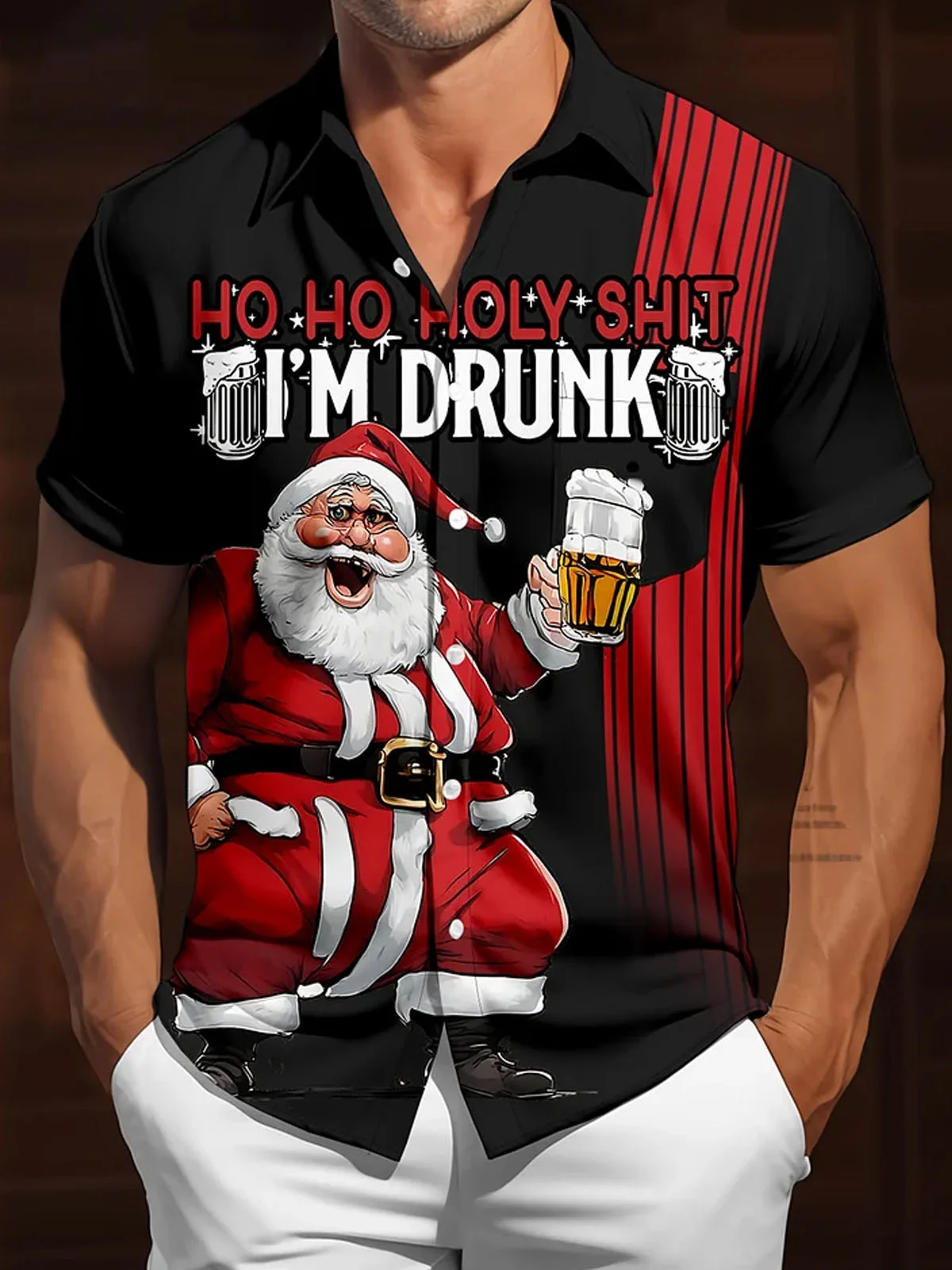 Royaura® Christmas Beer Funny Letters Retro Bowling Stripe Print Men's Button Pocket Short Sleeve Shirt Big & Tall