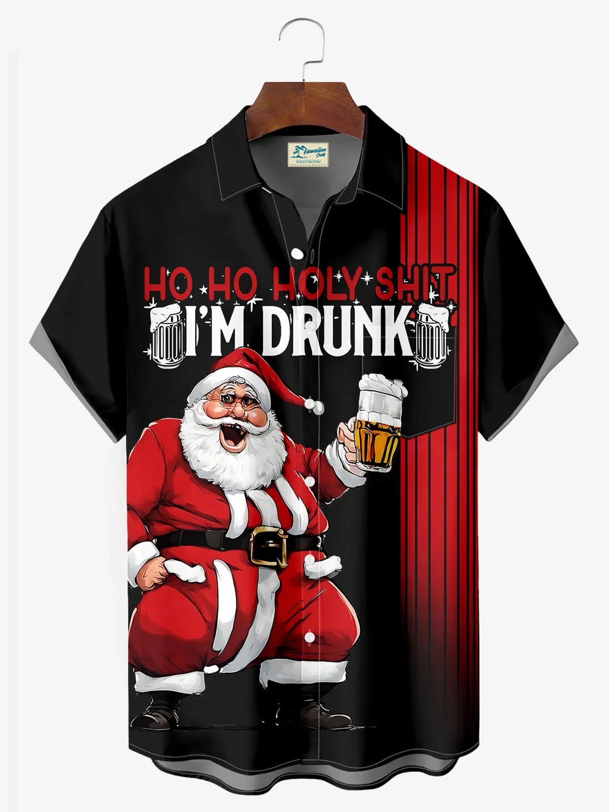 Royaura® Christmas Beer Funny Letters Retro Bowling Stripe Print Men's Button Pocket Short Sleeve Shirt Big & Tall