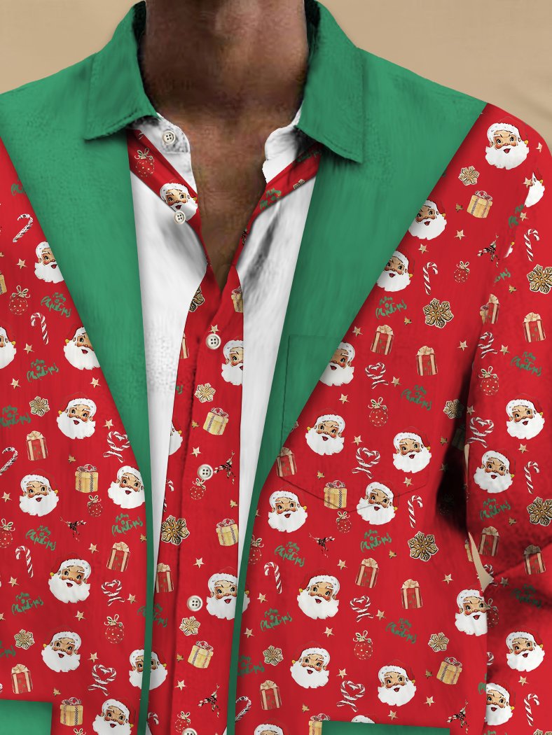 Royaura® Christmas Fake Two Santa Print Men's Button Pocket Long Sleeve Shirt Big Tall