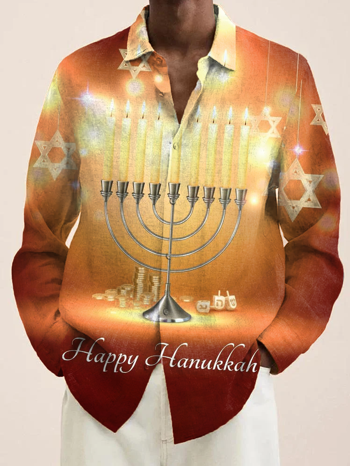 Royaura® Hanukkah Menorah 9 Candle Holder Print Men's Holiday Chest Pocket Stretch Long Sleeve Shirt Big & Tall