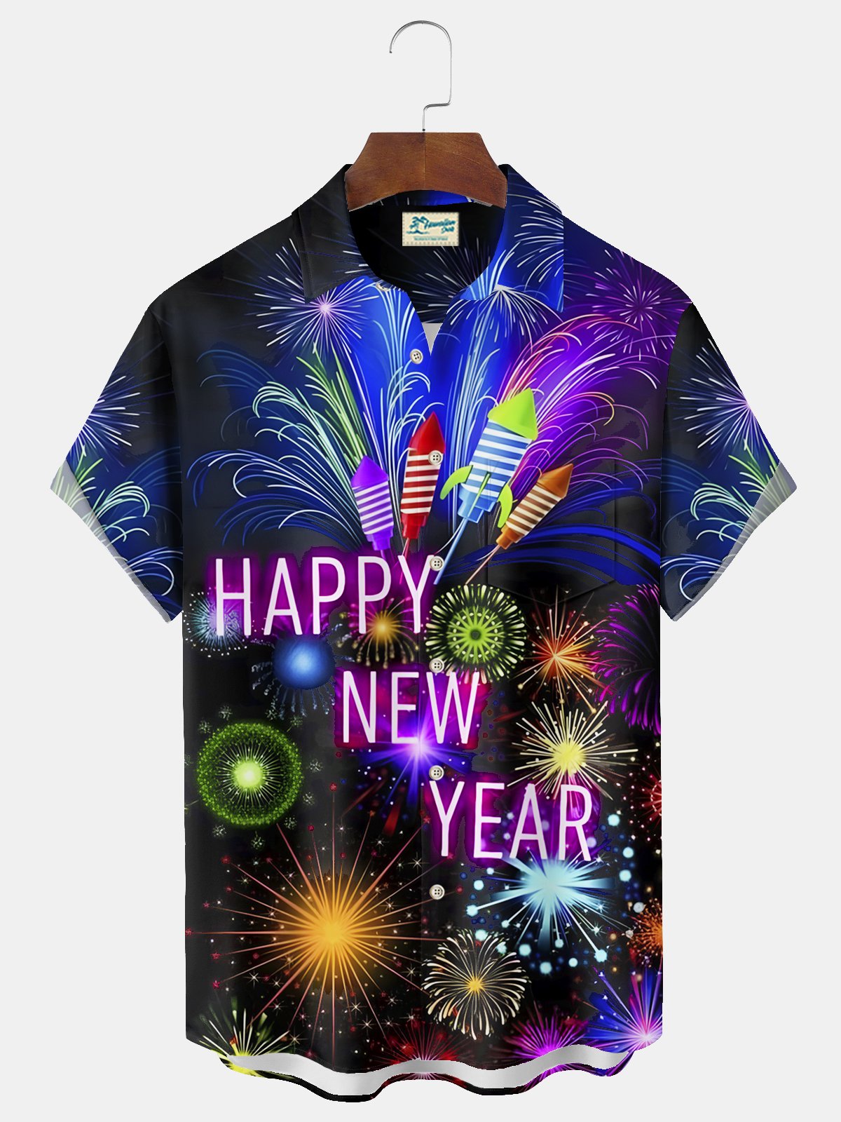 Royaura® Happy New Year Fireworks Print Men's Chest Pocket Stretch Hawaiian Shirt Big Tall