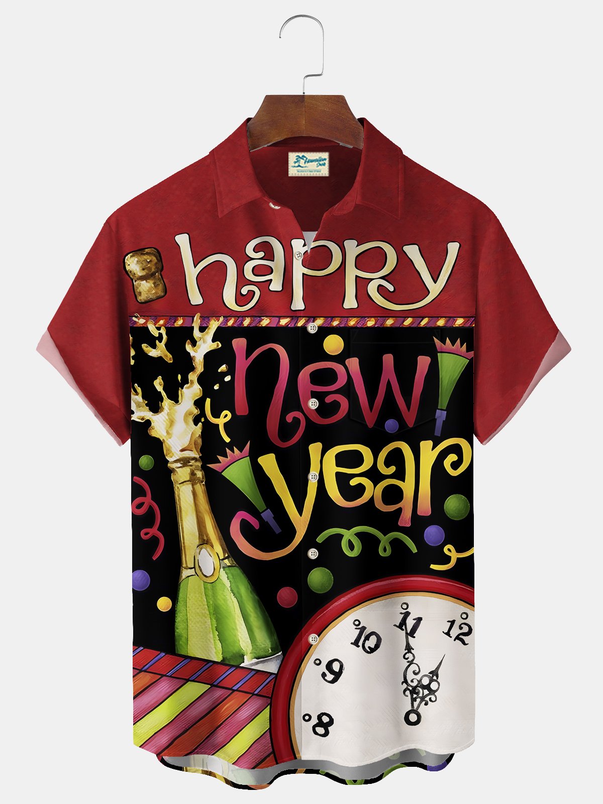 Royaura® Happy New Year Champagne Print Men's Chest Pocket Stretch Hawaiian Shirt Big Tall