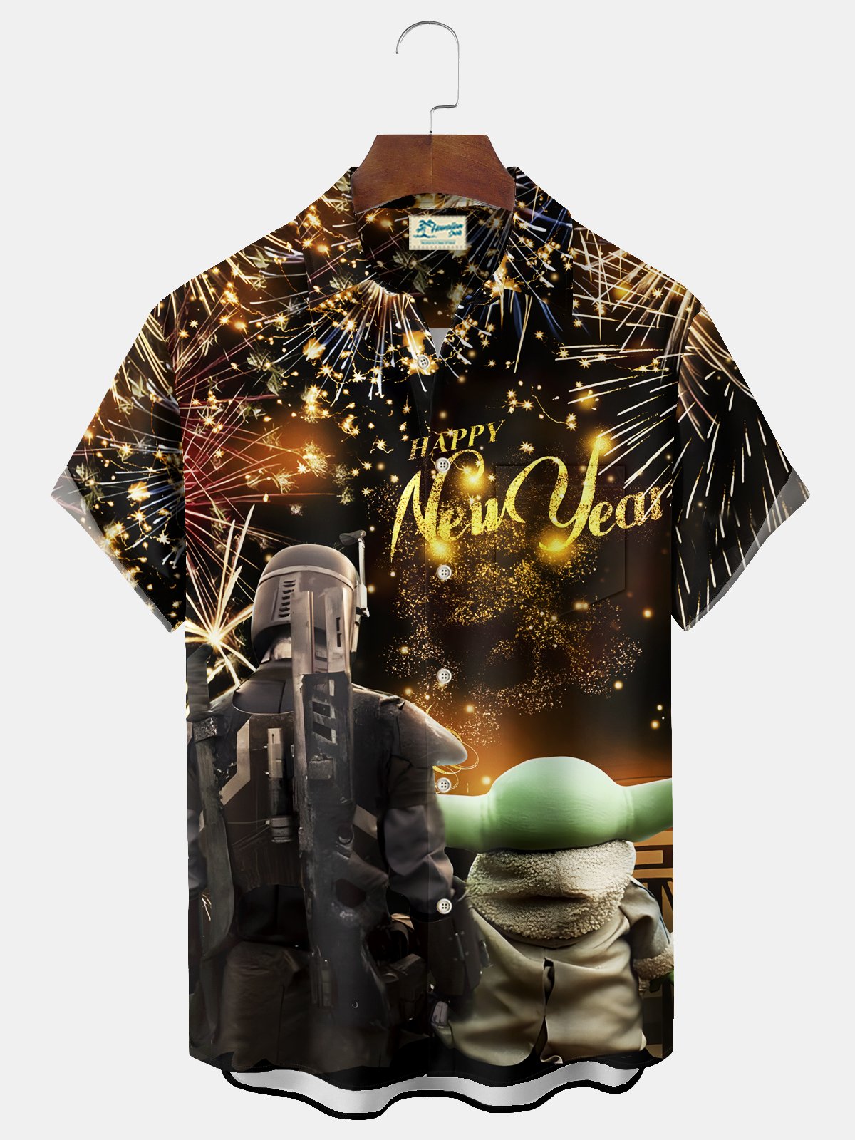 Royaura® Happy New Year Fireworks Samurai Print Men's Chest Pocket Stretch Hawaiian Shirt Big Tall