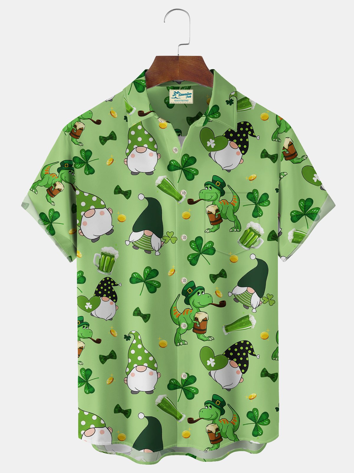 Royaura® St. Patrick's Shamrock Gnome Print Men's Chest Pocket Stretch Hawaiian Shirt Big Tall