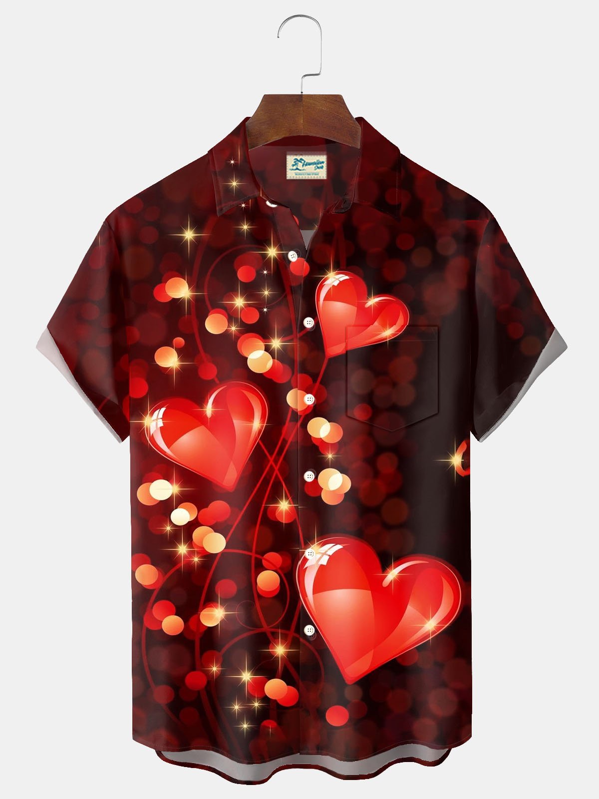 Royaura® Valentine's Day Heart Print Men's Button Pocket Short Sleeve Shirt Big & Tall