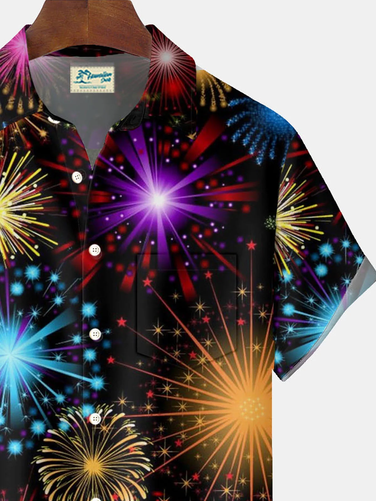 Royaura® Holiday Happy New Year Fireworks Print Men's Button Pocket Short Sleeve Shirt Big & Tall