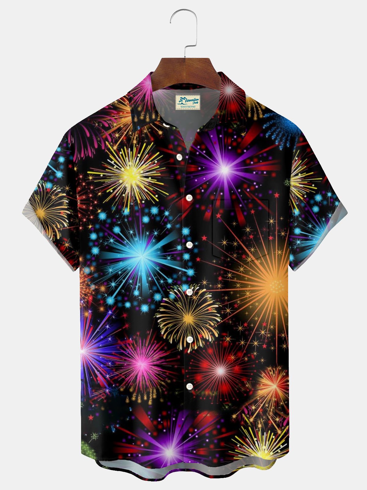 Royaura® Holiday Happy New Year Fireworks Print Men's Button Pocket Short Sleeve Shirt Big & Tall