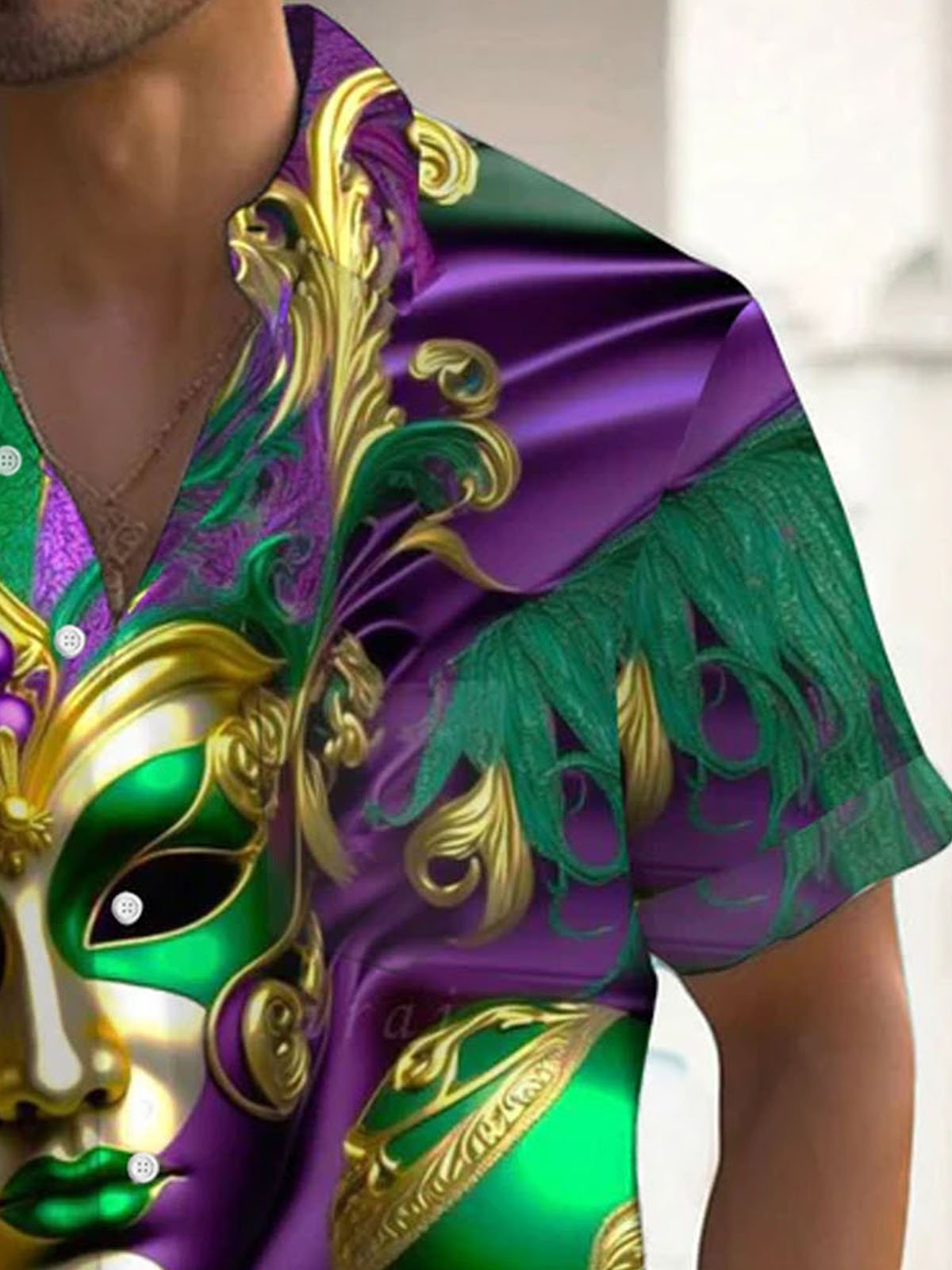 Royaura® Mardi Gras Mask Print Men's Button Pocket Short Sleeve Shirt Big & Tall