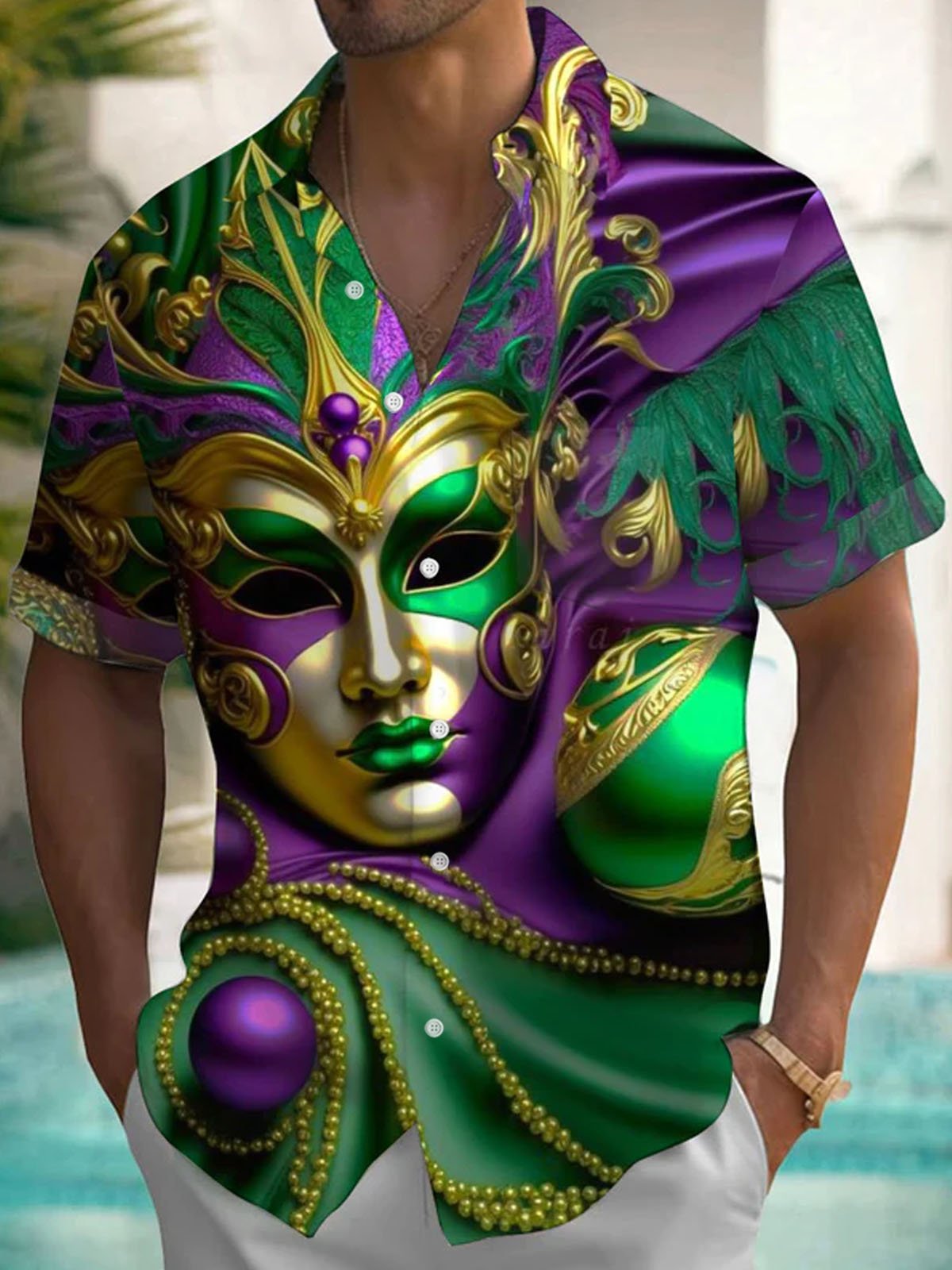 Royaura® Mardi Gras Mask Print Men's Button Pocket Short Sleeve Shirt Big & Tall