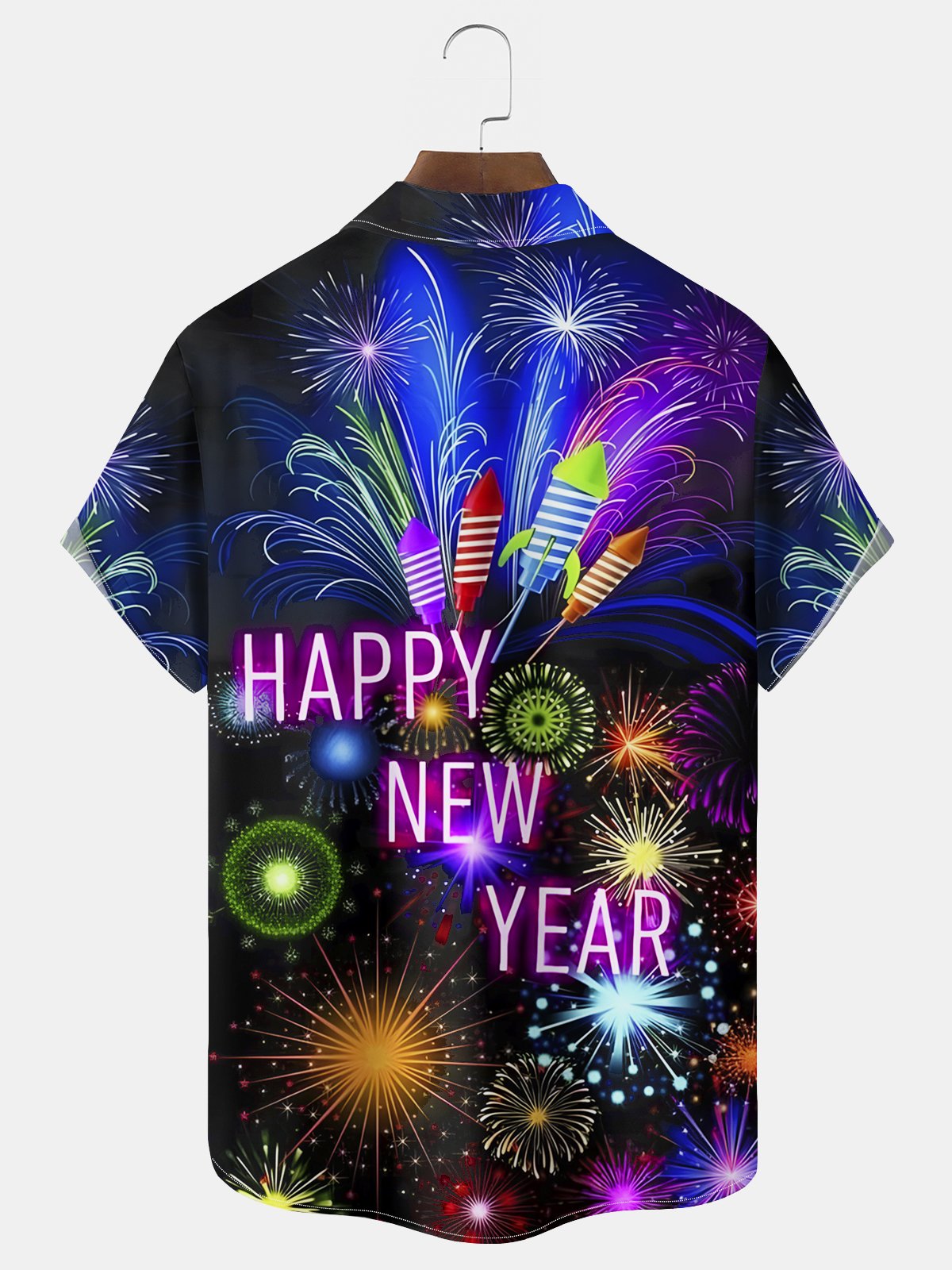 Royaura® Happy New Year Fireworks Print Men's Chest Pocket Stretch Hawaiian Shirt Big Tall