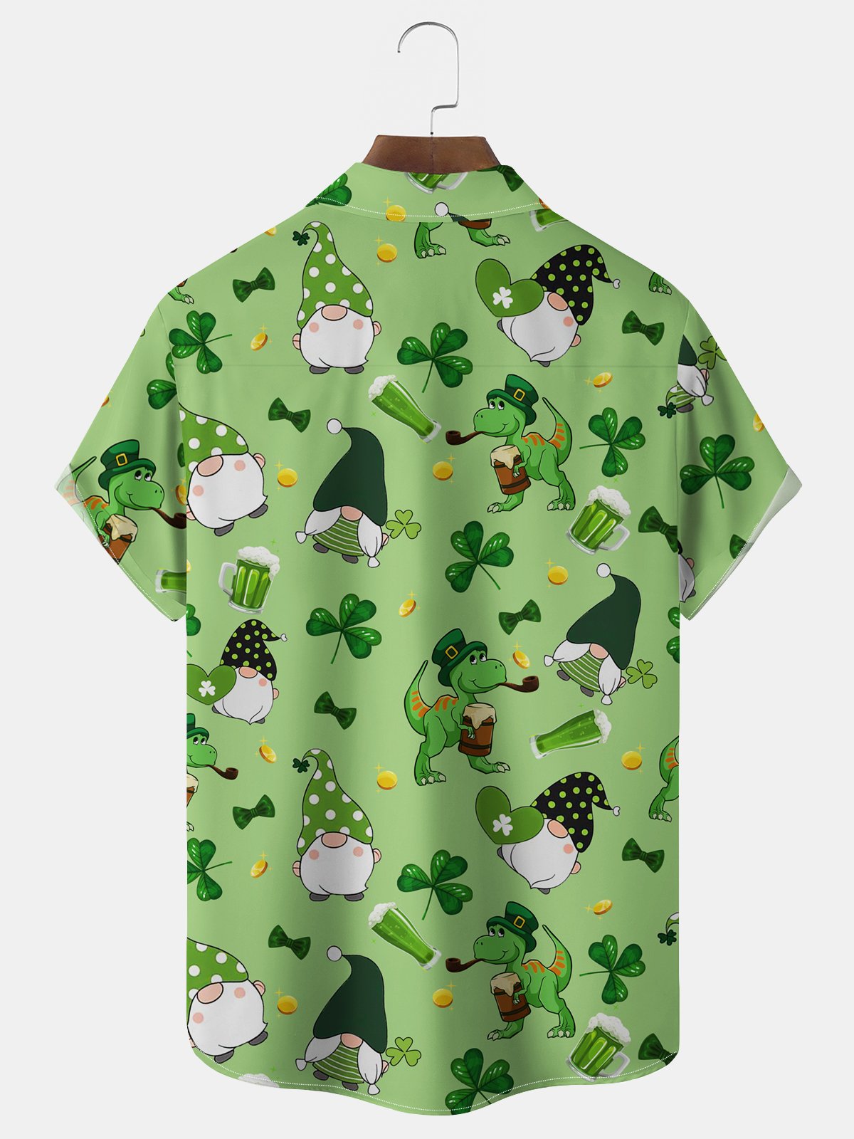 Royaura® St. Patrick's Shamrock Gnome Print Men's Chest Pocket Stretch Hawaiian Shirt Big Tall