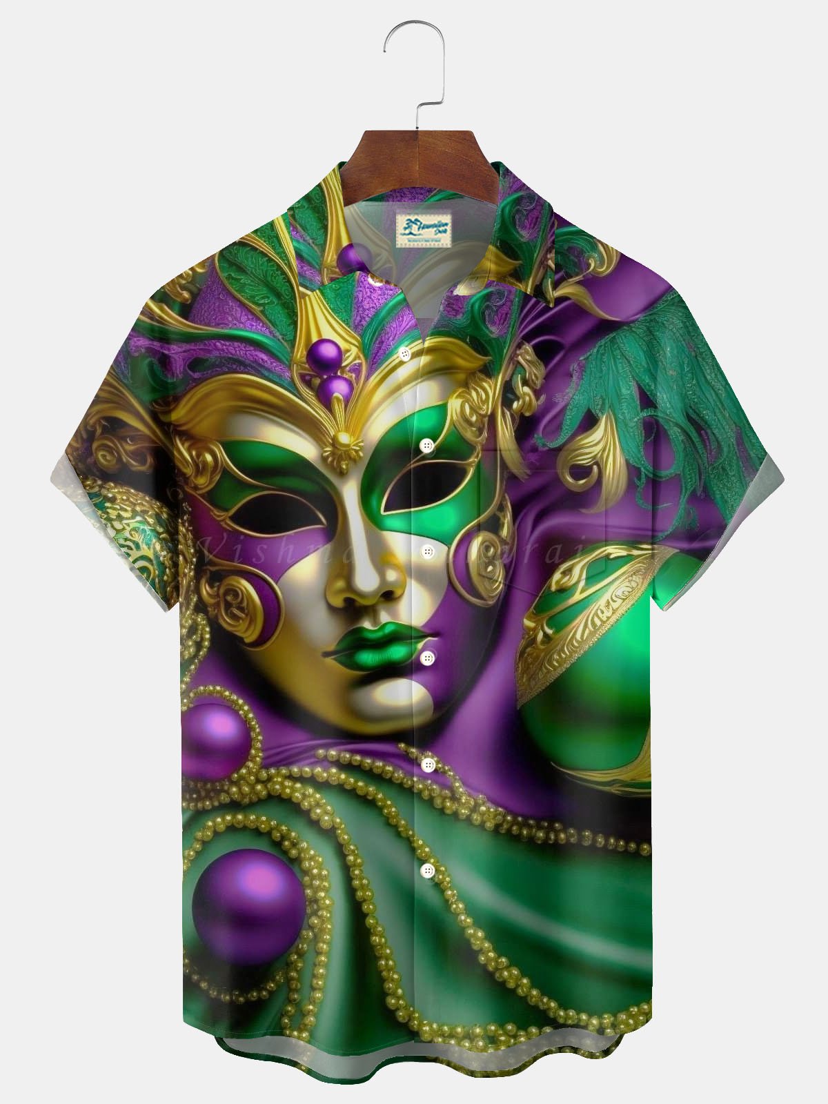 Royaura® Mardi Gras Mask Print Men's Button Pocket Short Sleeve Shirt Big & Tall