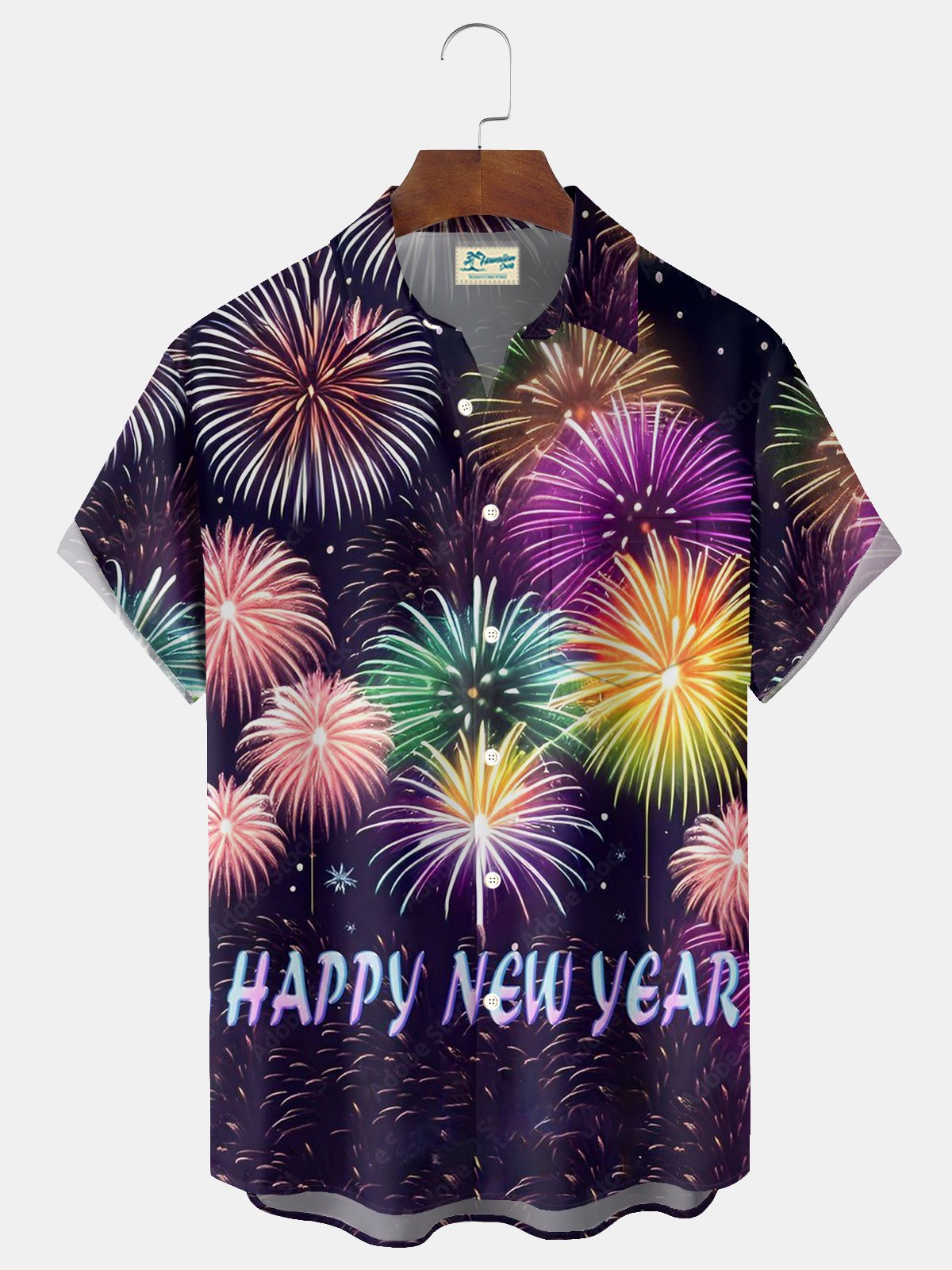 Royaura® Holiday Happy New Year Fireworks Print Men's Button Pocket Short Sleeve Shirt Big & Tall