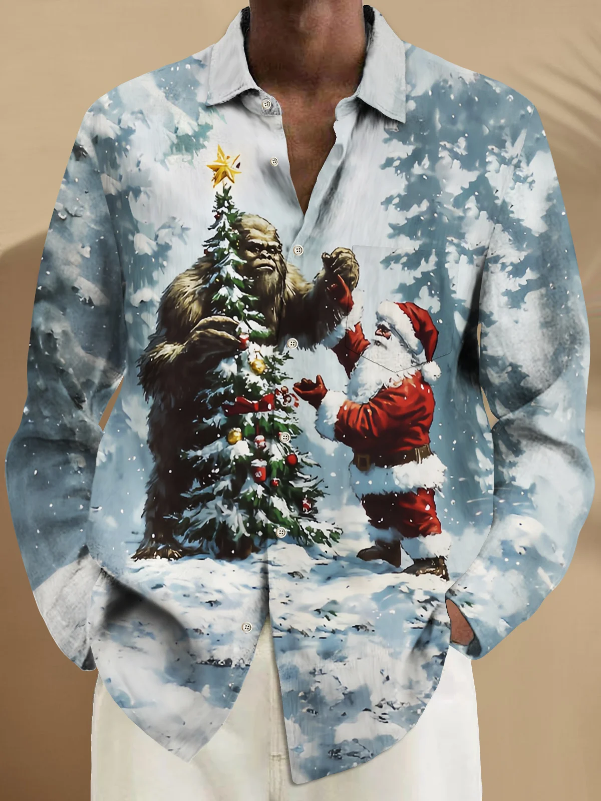 Royaura® Christmas Santa Bigfoot Print Men's Button Pocket Long Sleeve Shirt Big Tall