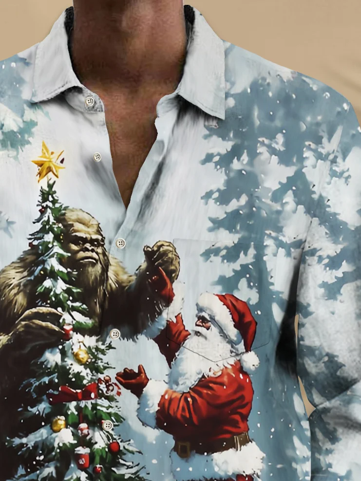 Royaura® Christmas Santa Bigfoot Print Men's Button Pocket Long Sleeve Shirt Big Tall