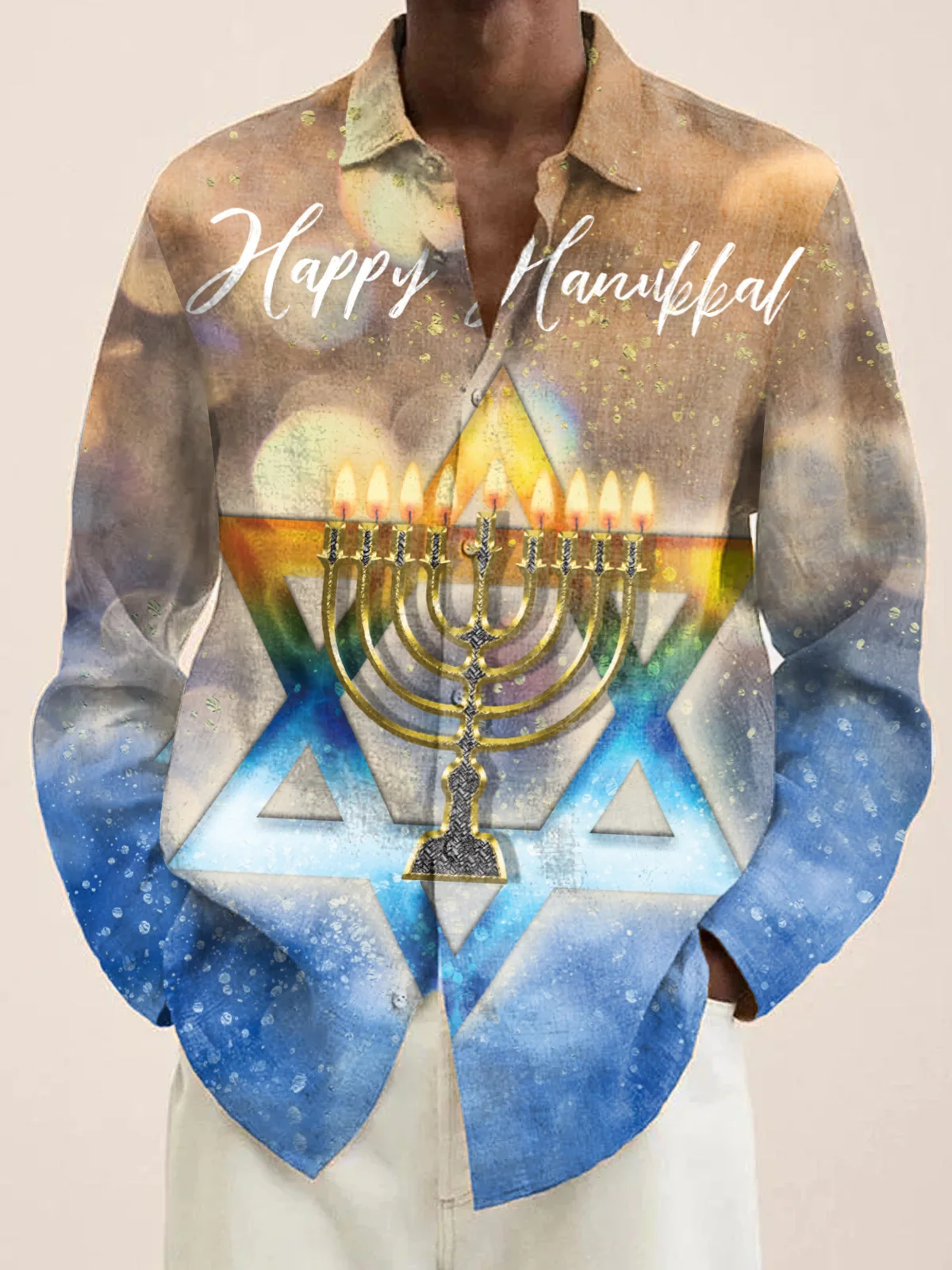 Royaura® Hanukkah Menorah 9 Candle Holder Print Men's Holiday Chest Pocket Stretch Long Sleeve Shirt Big & Tall