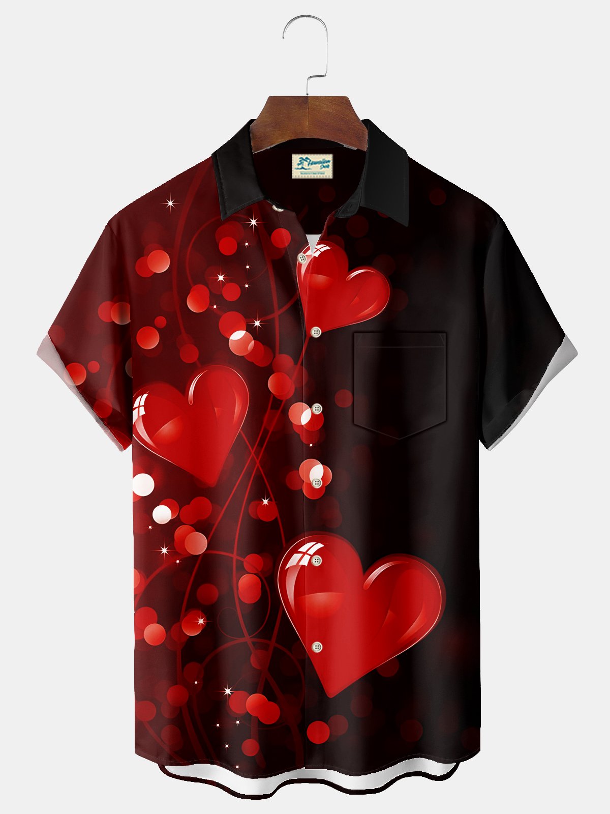 Royaura® Happy Valentine's Day Heart Print Men's Chest Pocket Stretch Hawaiian Shirt Big Tall