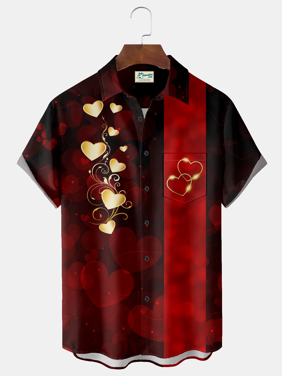 Royaura® Vintage Bowling Valentine's Day Heart Print Men's Chest Pocket Stretch Hawaiian Shirt Big Tall