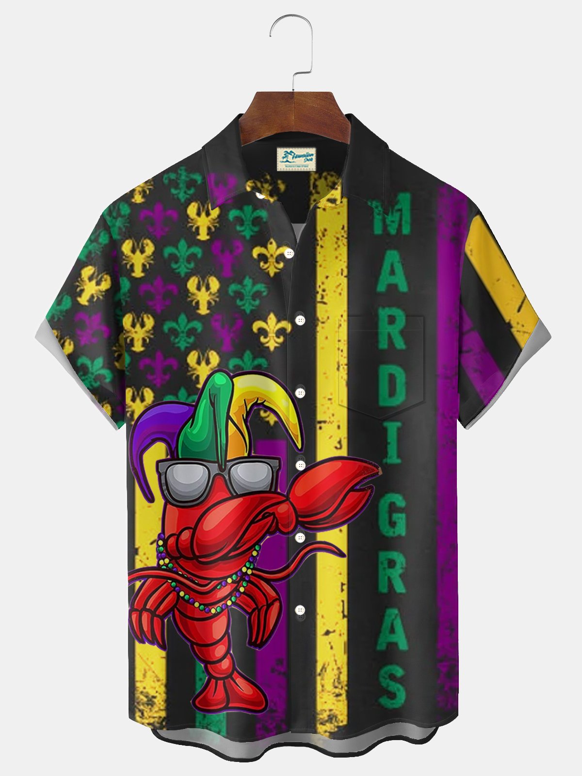 Royaura® Mardi Gras Lobster Flag Print Men's Button Pocket Short Sleeve Shirt Big & Tall