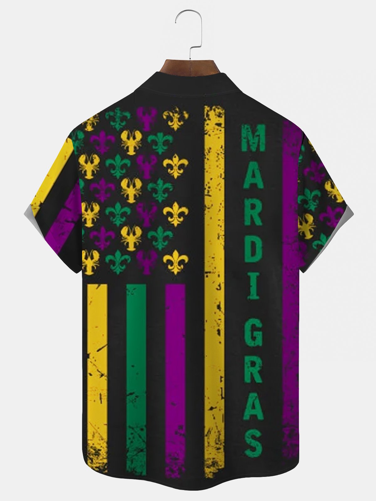 Royaura® Mardi Gras Lobster Flag Print Men's Button Pocket Short Sleeve Shirt Big & Tall