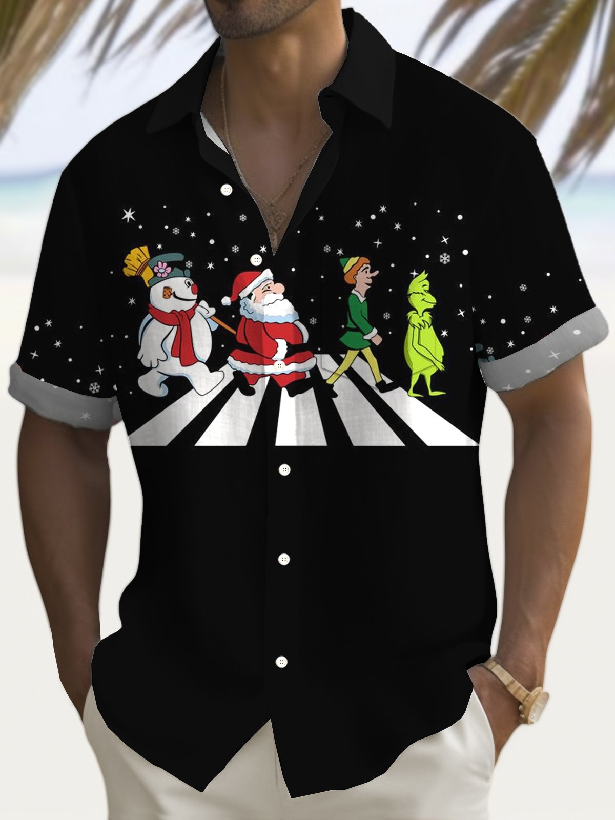 Royaura® Christmas Fun Cartoon Men's Button Pocket Short Sleeve Shirt Big & Tall