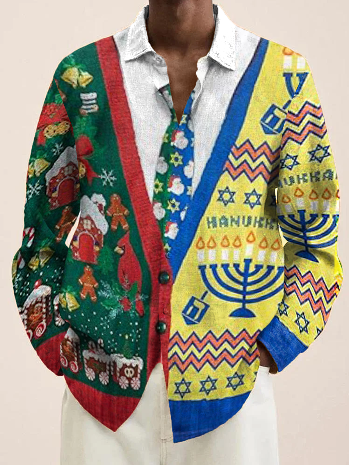 Royaura® Hanukkah Menorah 9 Candle Holder Print Men's Holiday Chest Pocket Stretch Long Sleeve Shirt Big & Tall