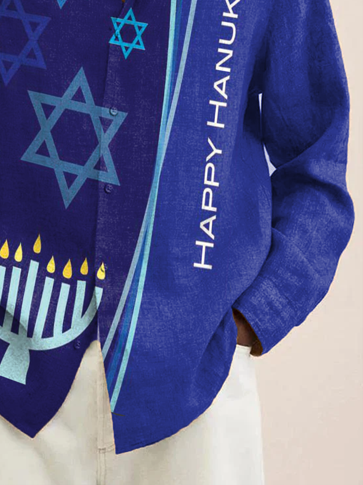 Royaura® Hanukkah Menorah 9 Candle Holder Print Men's Holiday Chest Pocket Stretch Long Sleeve Shirt Big & Tall