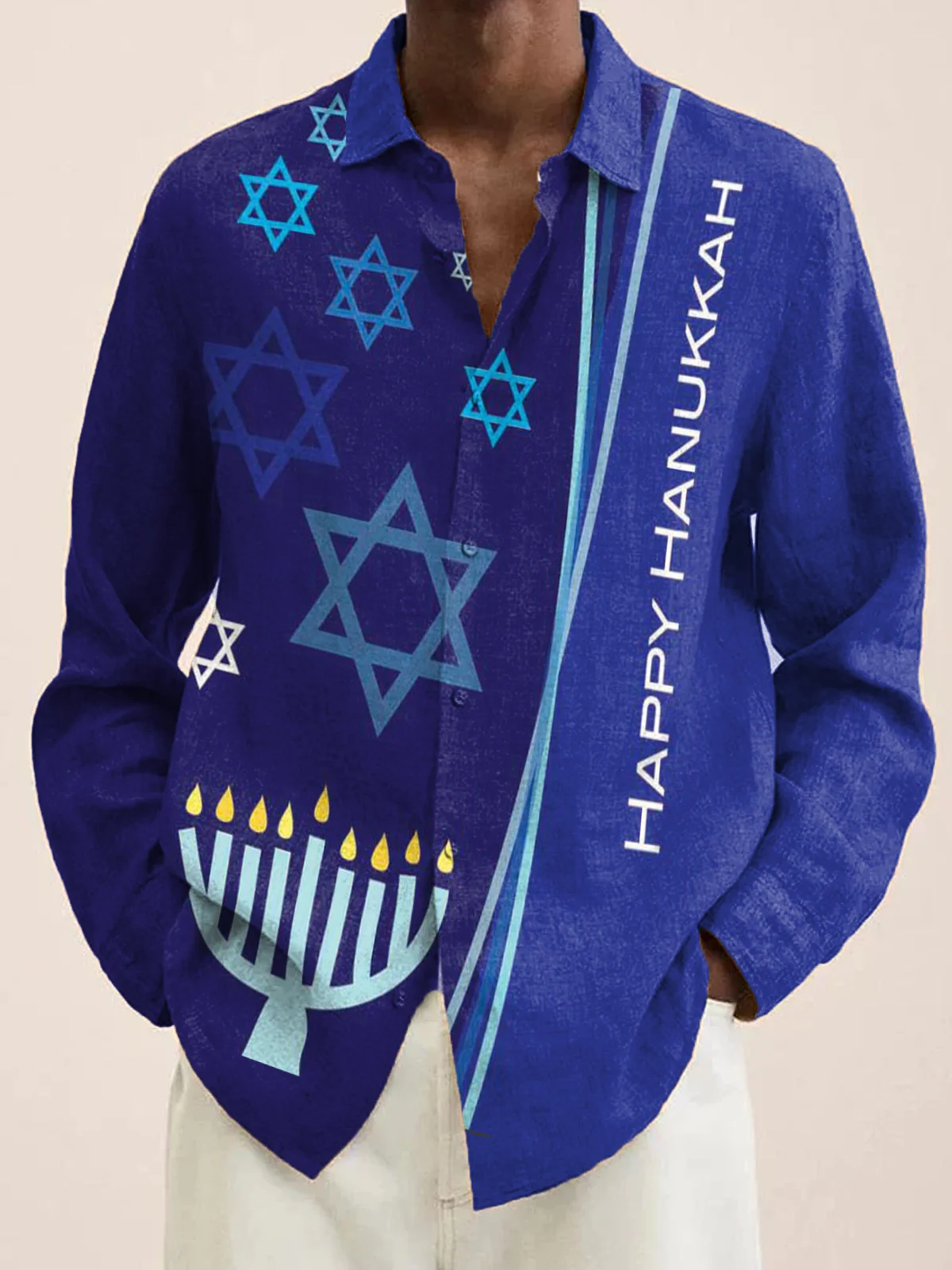 Royaura® Hanukkah Menorah 9 Candle Holder Print Men's Holiday Chest Pocket Stretch Long Sleeve Shirt Big & Tall