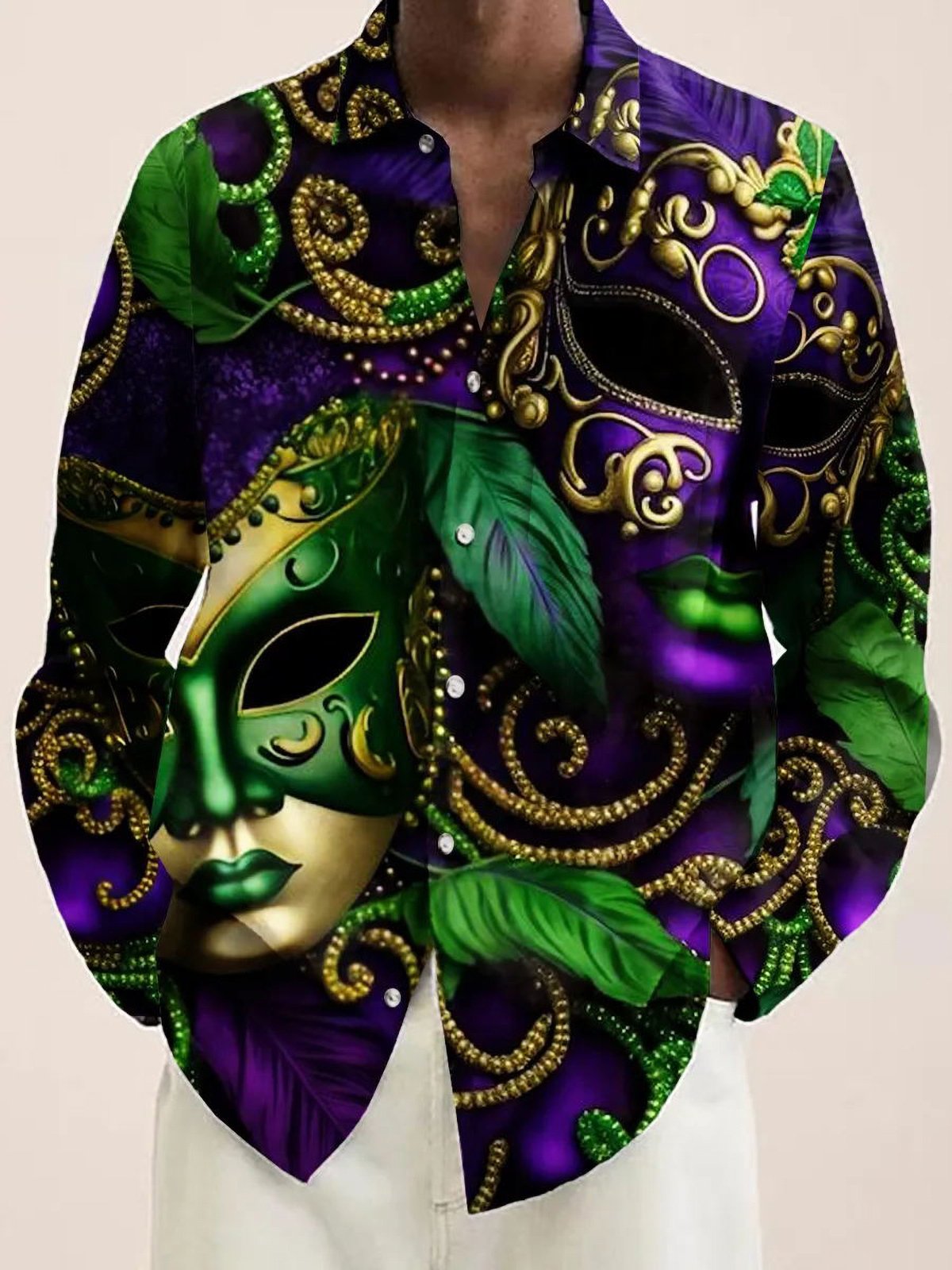 Royaura® Mardi Gras Mask Print Men's Button Pocket Long Sleeve Shirt Big Tall