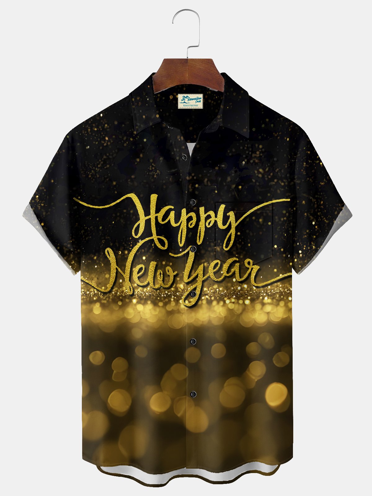 Royaura® Happy New Year Black Gold Gradient Print Men's Chest Pocket Stretch Hawaiian Shirt Big Tall