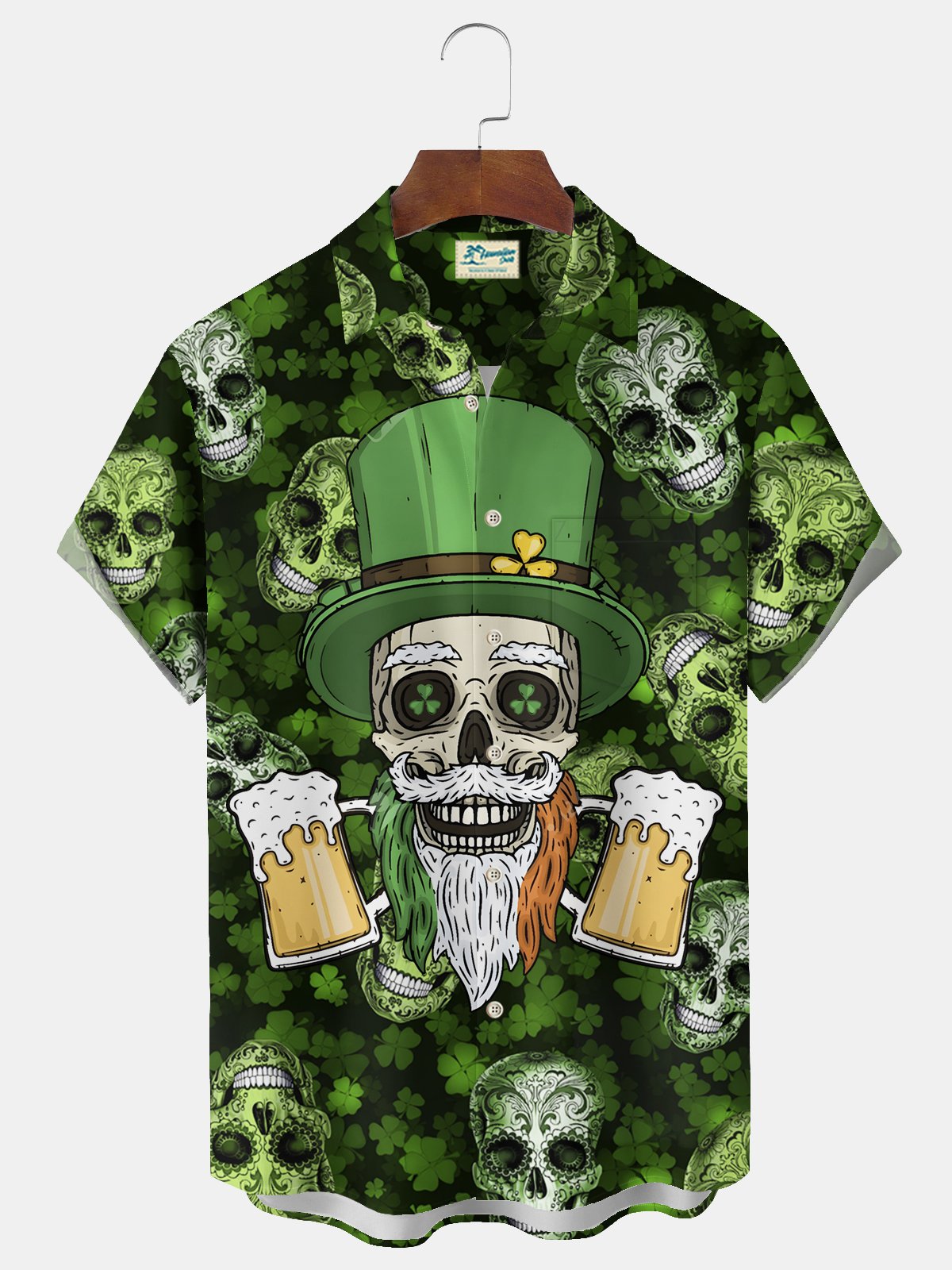 Royaura® St. Patrick's Skull Print Men's Chest Pocket Stretch Hawaiian Shirt Big Tall