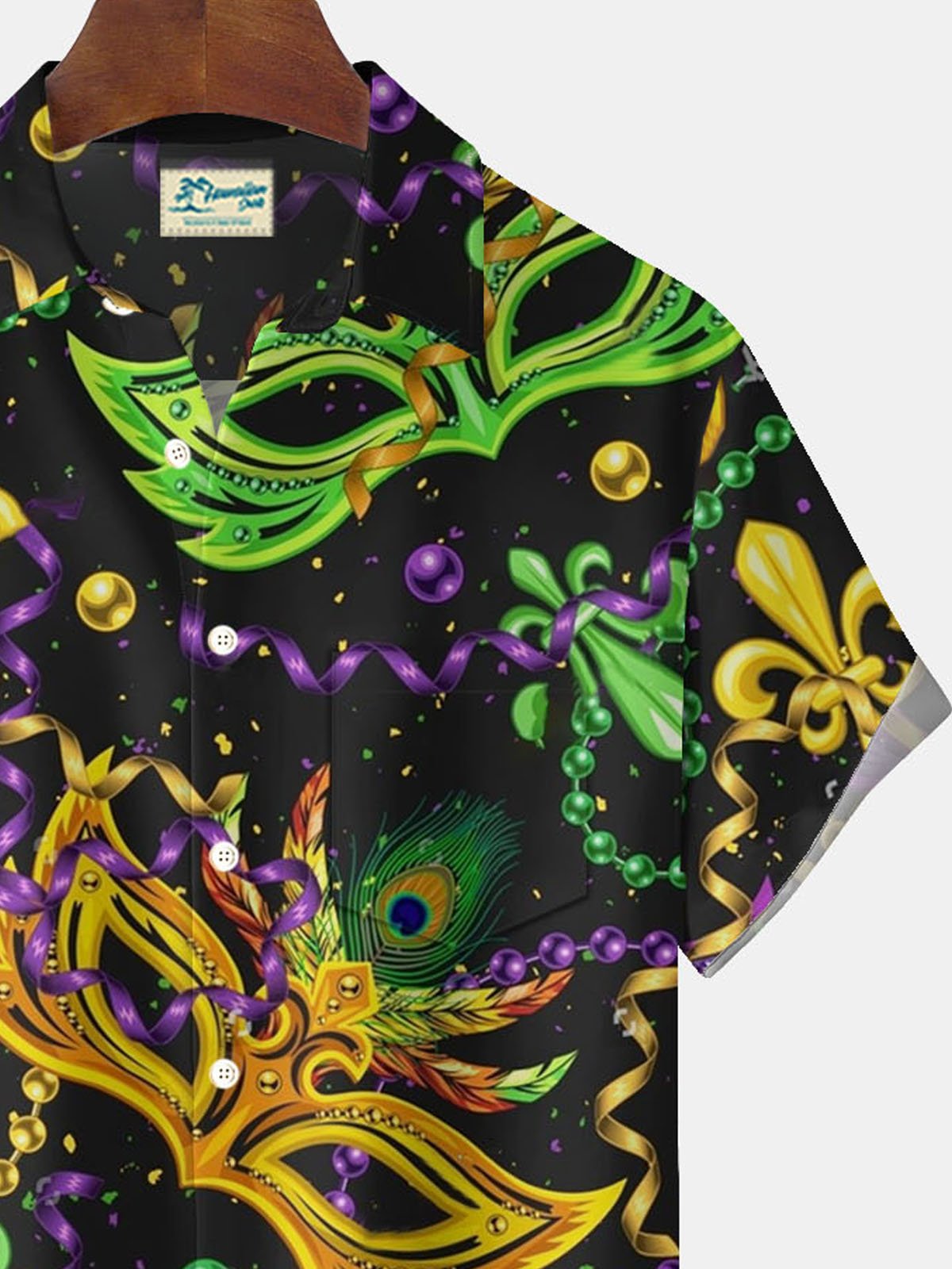 Royaura® Mardi Gras Mask Print Men's Button Pocket Short Sleeve Shirt Big & Tall