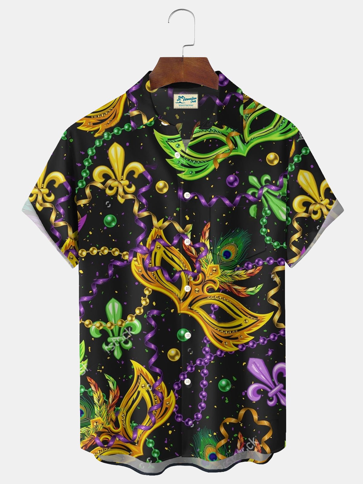 Royaura® Mardi Gras Mask Print Men's Button Pocket Short Sleeve Shirt Big & Tall