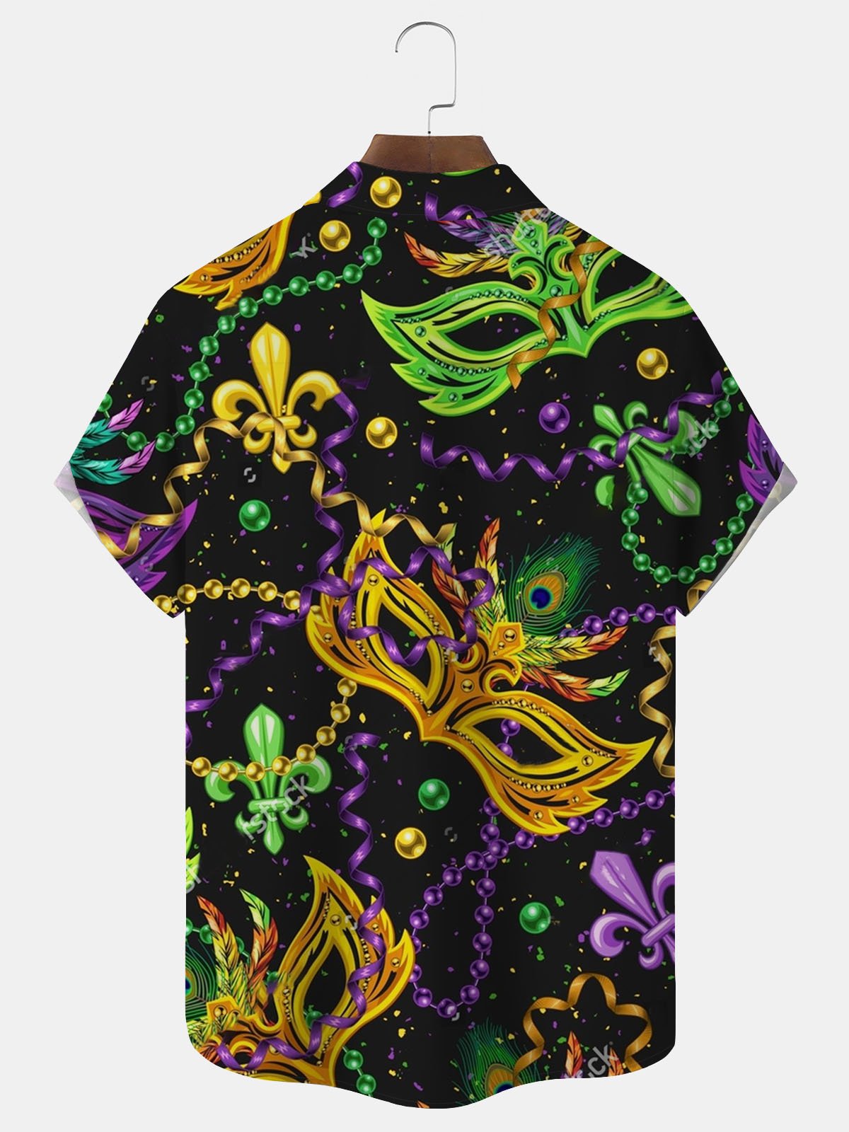 Royaura® Mardi Gras Mask Print Men's Button Pocket Short Sleeve Shirt Big & Tall