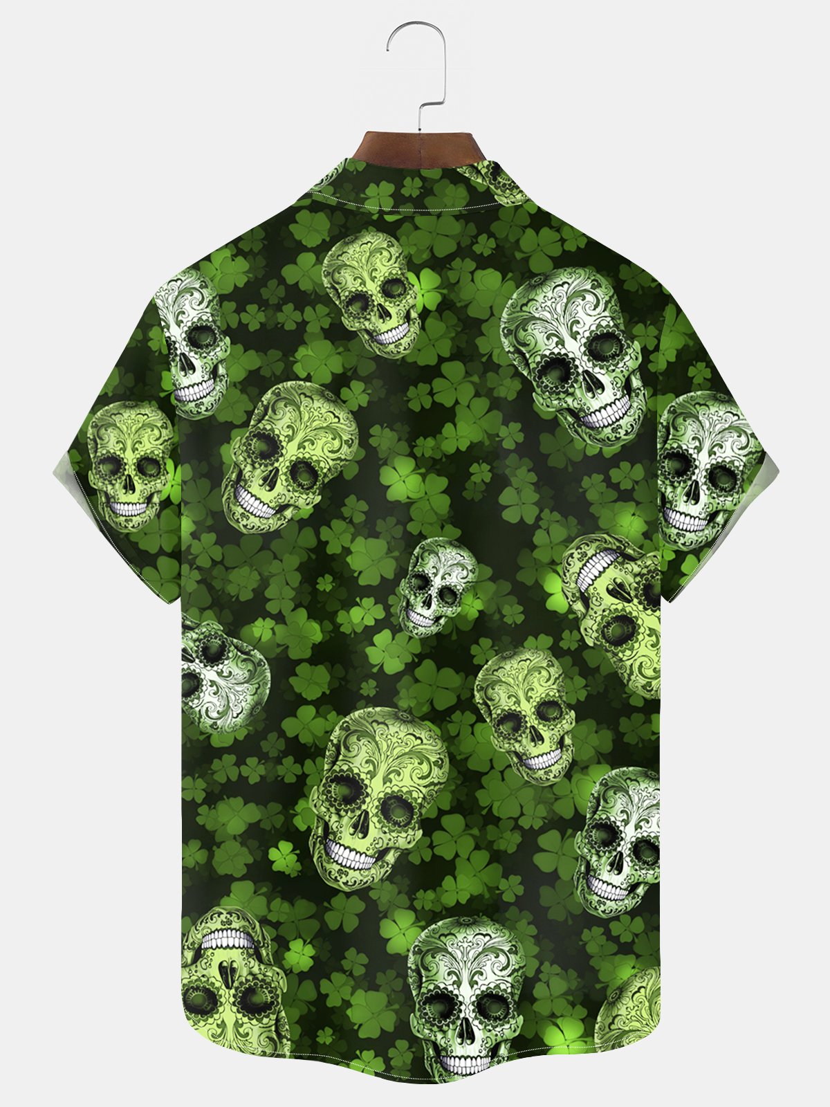 Royaura® St. Patrick's Skull Print Men's Chest Pocket Stretch Hawaiian Shirt Big Tall