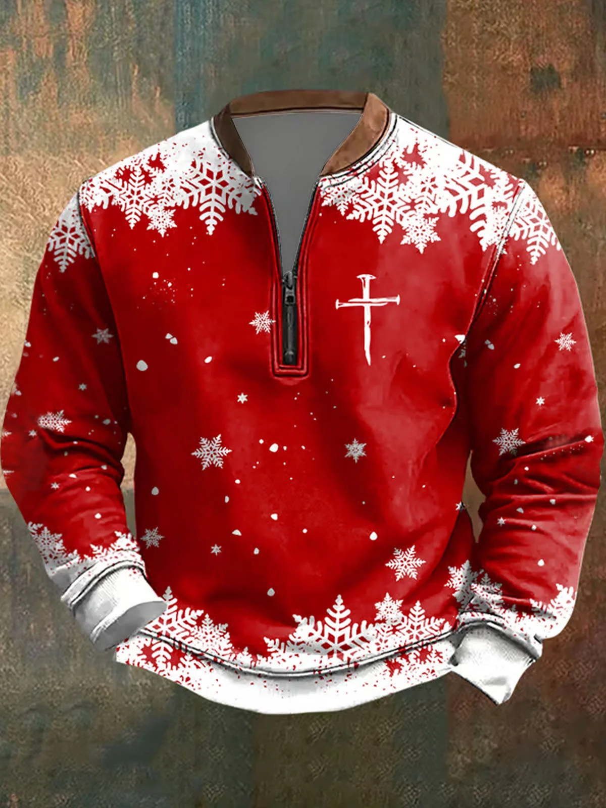 Royaura® Christmas Snowflake Gradient Cross Print Men's Zipper Sweatshirt Big & Tall