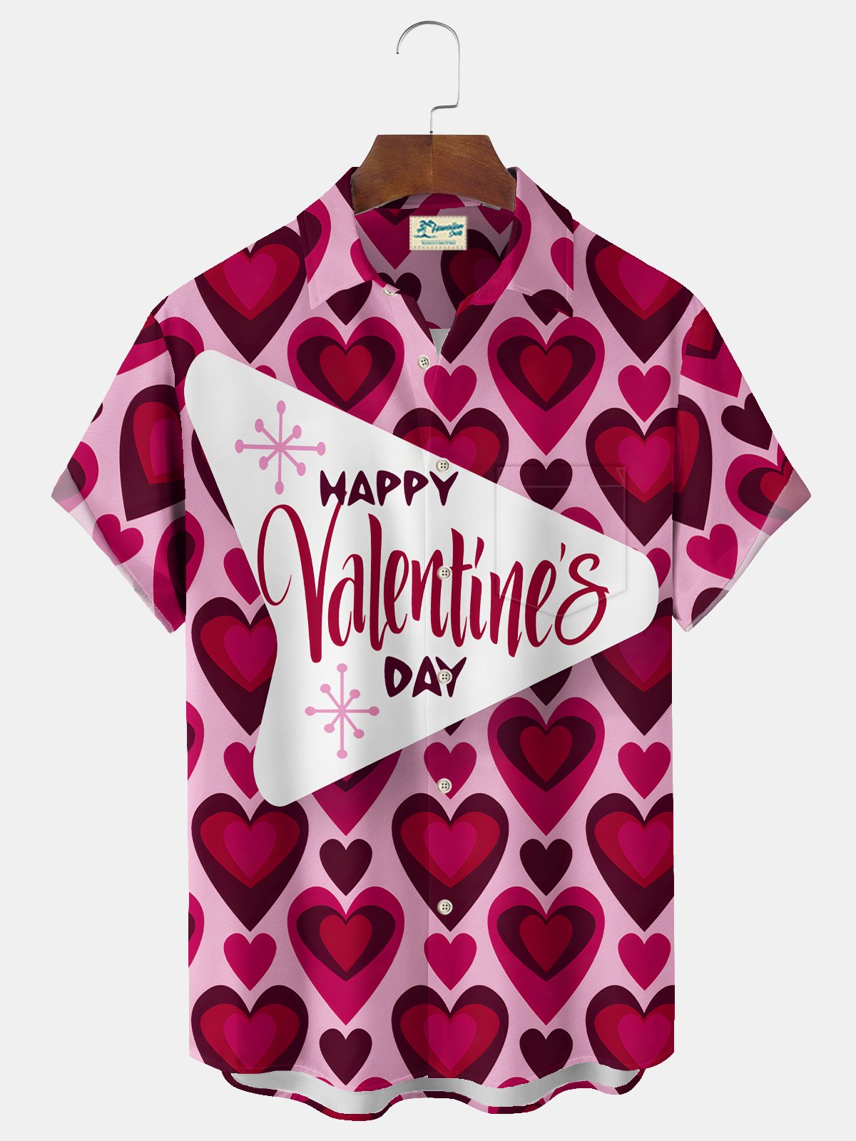 Royaura® Happy Valentine's Day 50's Mid Century Geometric Heart Print Men's Chest Pocket Stretch Hawaiian Shirt Big Tall