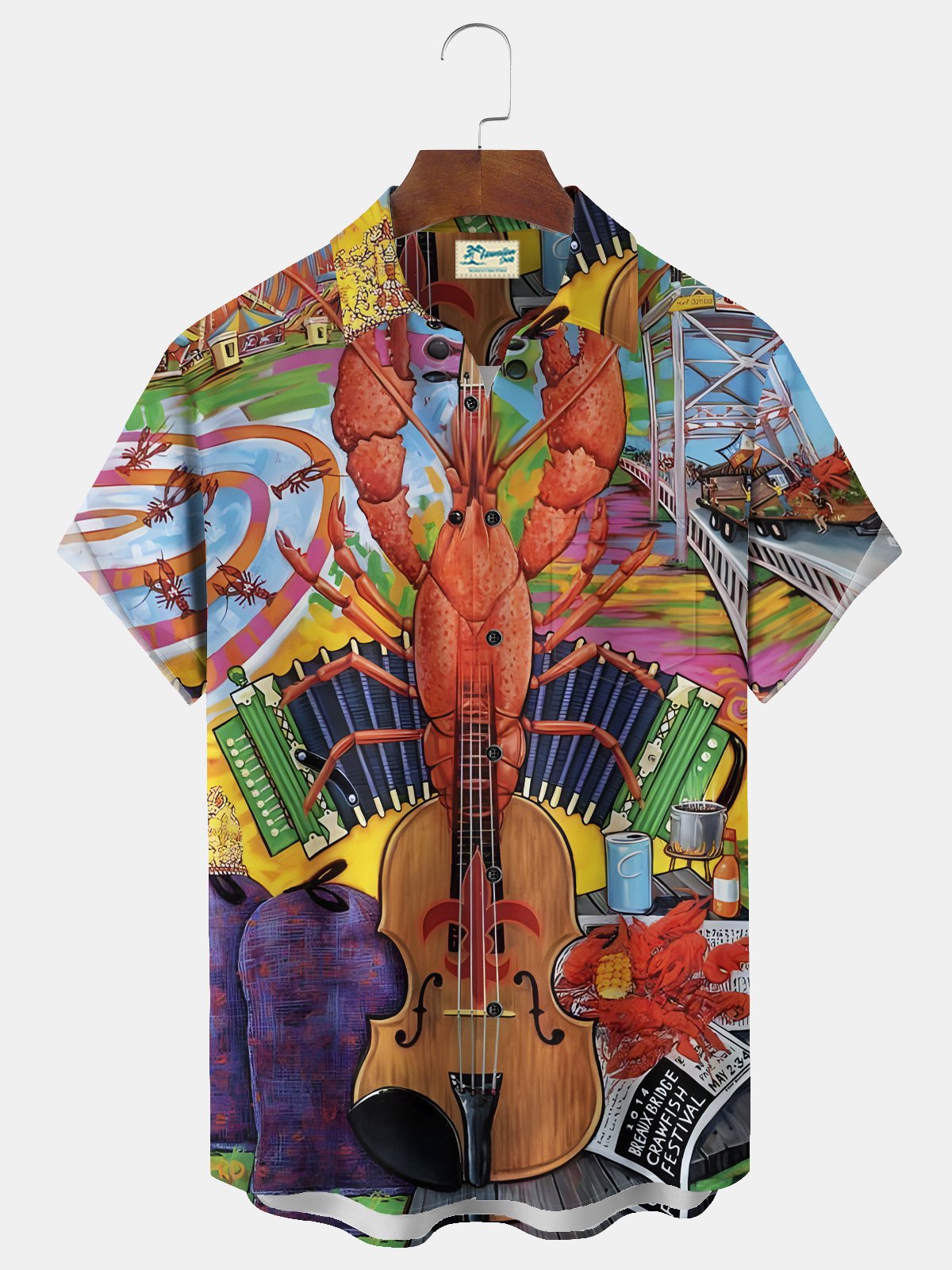 Royaura® Mardi Gras Lobster Violin Music Print Men's Chest Pocket Stretch Hawaiian Shirt Big Tall