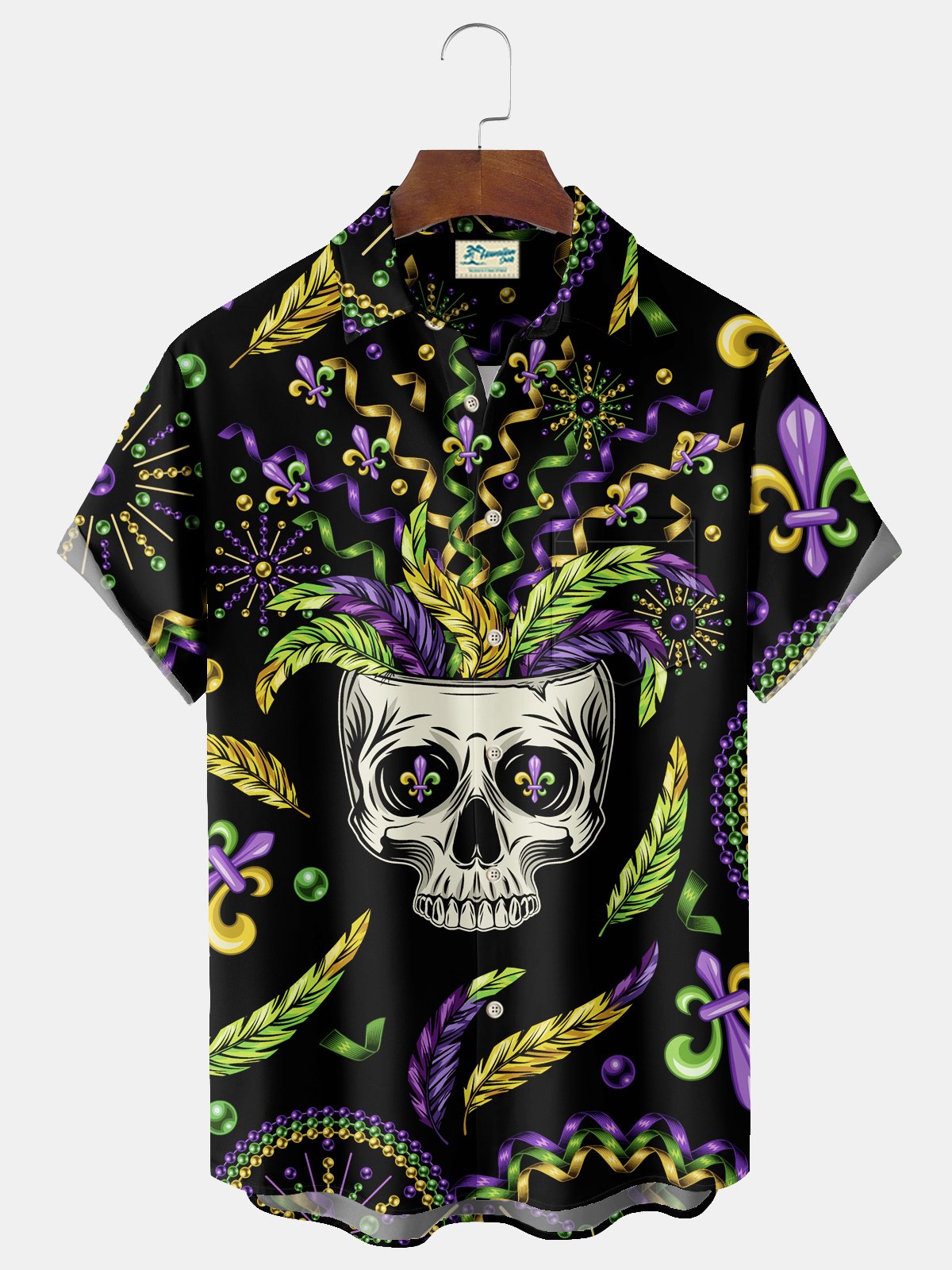 Royaura® Mardi Gras Skull Print Men's Chest Pocket Stretch Hawaiian Shirt Big Tall