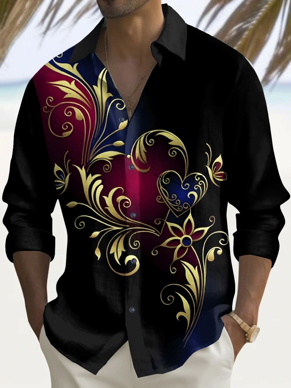 Royaura® Valentine's Day Love Flower Print Men's Button Pocket Long Sleeve Shirt Big Tall