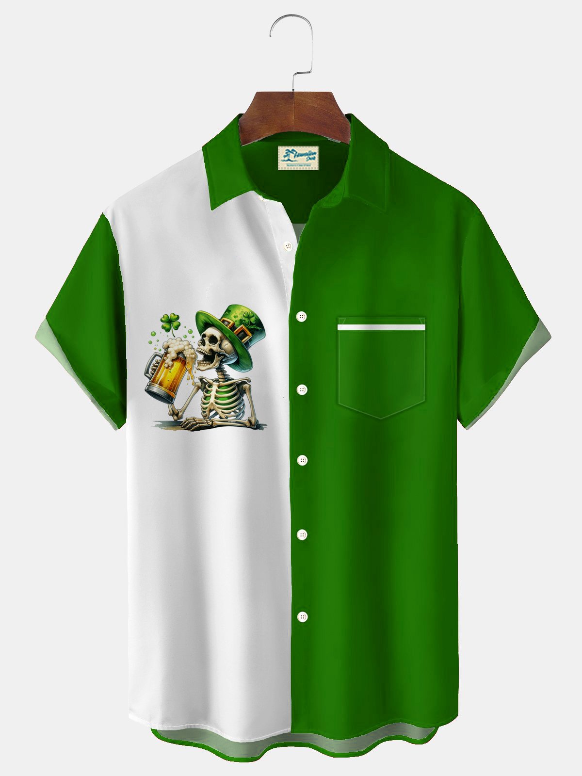 Royaura® St. Patrick's Day Skull Beer Print Men's Button Pocket Short Sleeve Shirt Big & Tall