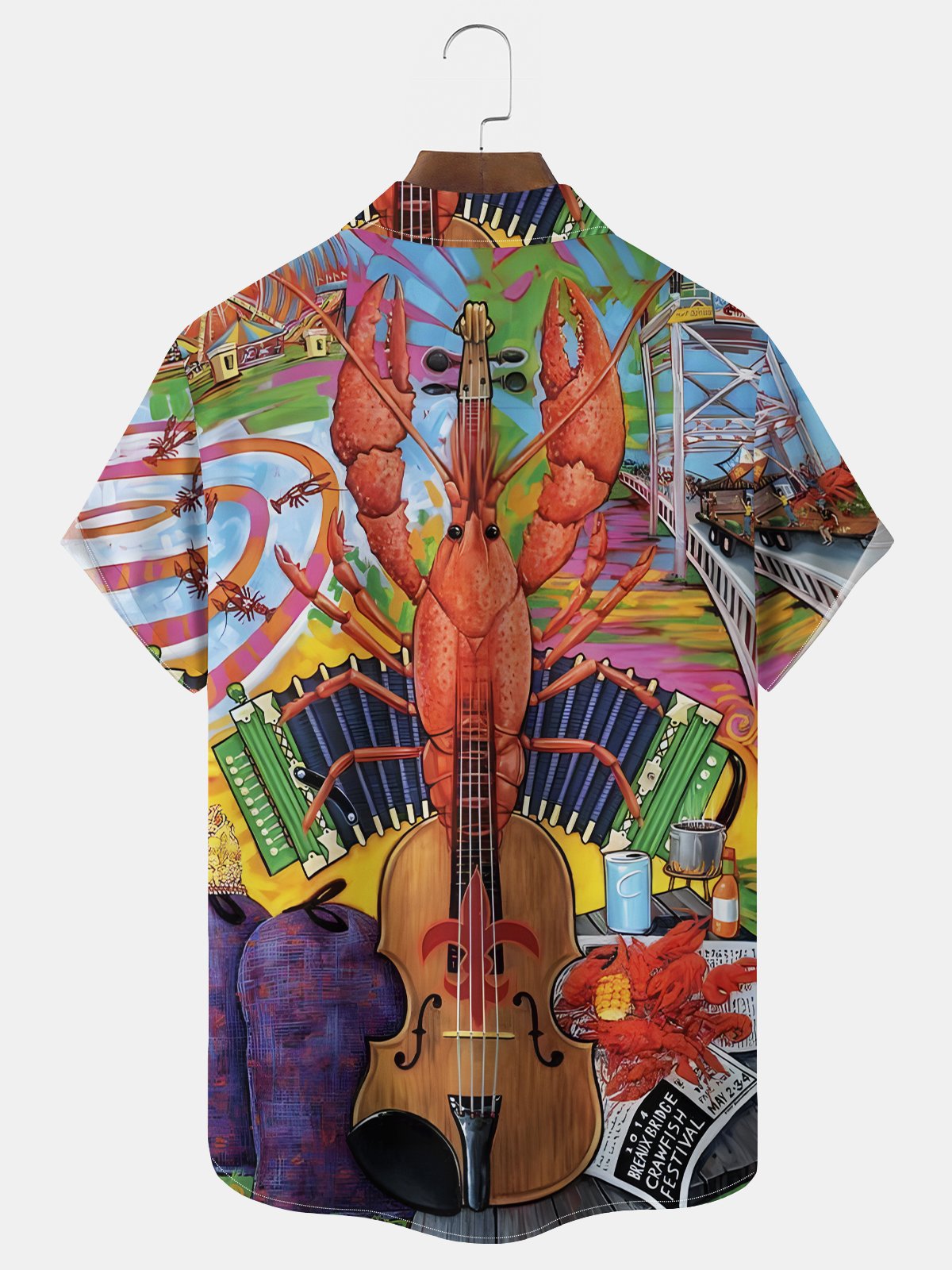 Royaura® Mardi Gras Lobster Violin Music Print Men's Chest Pocket Stretch Hawaiian Shirt Big Tall