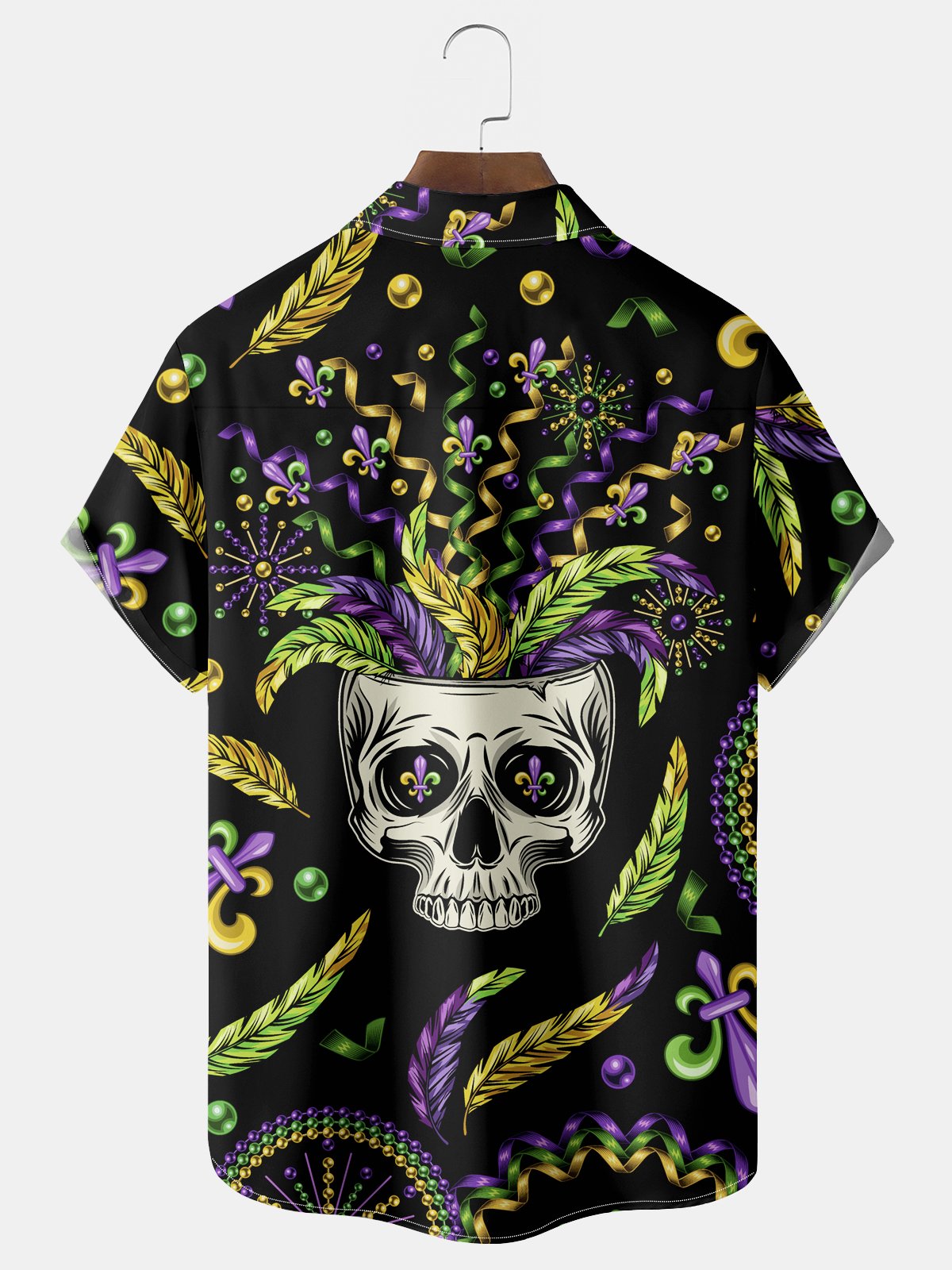 Royaura® Mardi Gras Skull Print Men's Chest Pocket Stretch Hawaiian Shirt Big Tall