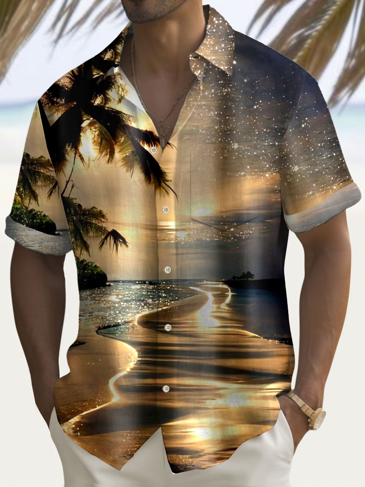 Royaura® Hawaiian Coconut Tree Beach Landscape Print Men's Button Pocket Short Sleeve Shirt Big & Tall