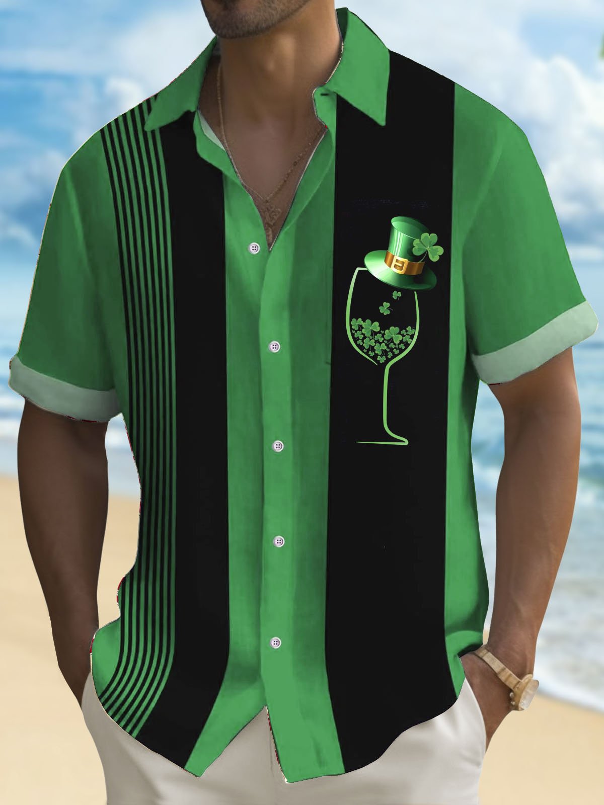 Royaura® St. Patrick's Day Shamrock Print Men's Button Pocket Short Sleeve Shirt Big & Tall